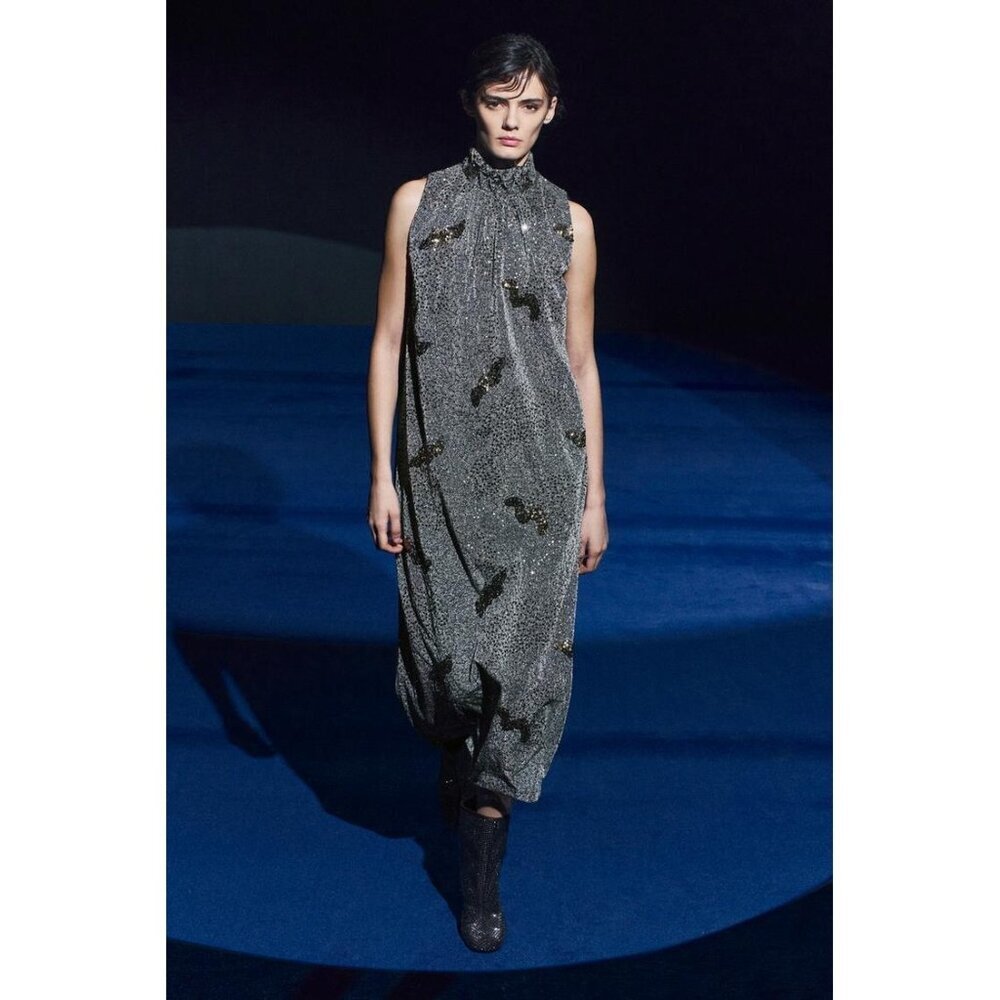 NWT Zara silver grey metallic fibre sequin embellished long dress, S